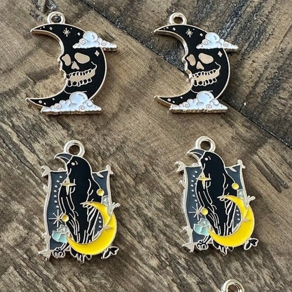10pc Halloween Raven Charm Set  - Moon Skull - Raven Skull - Picture 8 of 8